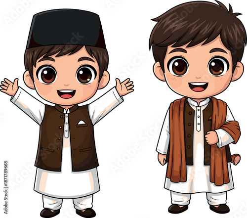 Cute Muslim boys wearing traditional kurta pajama outfit smiling cartoon characters illustration isolated on white background vector design kids culture