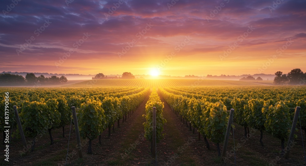 Fototapeta premium Vineyard landscape at sunrise golden hour with sun rays and rows of grape vines