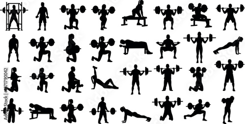 Fitness workout silhouettes set with barbell exercises, strength training and bodyweight movements, complete gym workout collection vector illustration