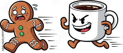 Funny gingerbread man running from angry coffee mug cartoon, cute Christmas dessert chase illustration, playful holiday character design vector isolated
