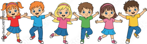 Happy Cartoon Children Dancing Together, Cute Kindergarten Kids Characters, Joyful Boys Girls Illustration For Education, Playtime, Childhood Fun