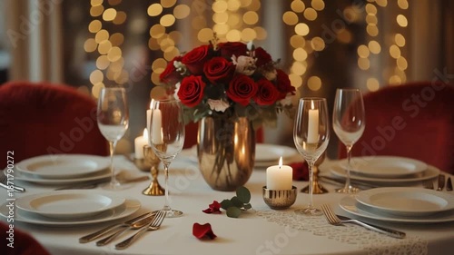 A beautifully set table for a romantic wedding dinner, featuring a crisp white tablecloth, fine china, and elegant glassware, with a stunning floral centerpiece consisting of red roses