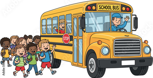Happy children boarding yellow school bus cartoon illustration with smiling driver kids education transportation safety concept