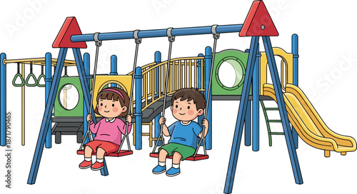 Happy kids playing on playground swings slide outdoor park equipment children fun activity illustration isolated vector design
