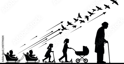 Human life cycle silhouette illustration from baby childhood youth adulthood to old age with flying birds symbolic growth concept