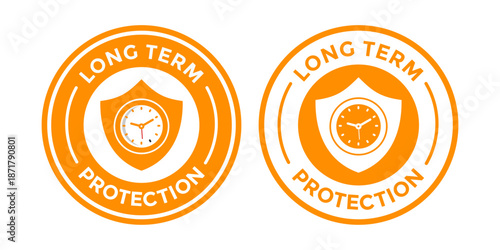 Long term protection badge with clock and shield. Vector icon representing extended warranty, durability guarantee, and time-based security coverage.