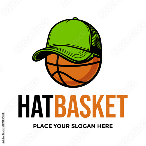 Creative basketball character wearing a green cap logo design. Vector illustration of sport ball with hat suitable for fashion store, team identity, or sports apparel brand.