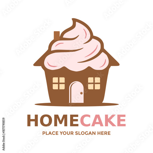 Whimsical house logo design shaped like a sweet cupcake with frosting roof. Bakery and real estate vector concept for home bakery, pastry shop, or sweet dessert store branding.