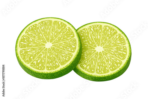 Two fresh lime halves showing inner pulp and vibrant green color, sour citrus fruit slices, transparent background