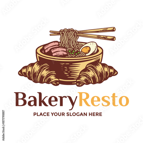 Unique fusion logo design combining a ramen bowl and croissants. Creative restaurant vector concept for fusion cuisine, bakery cafe, or asian-western food shop branding.