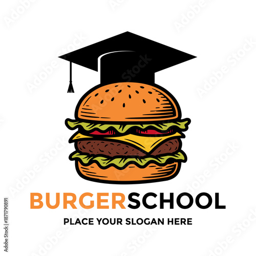 Unique burger logo design wearing a graduation cap. Creative vector illustration combining fast food and education concepts for student restaurant or cafeteria branding.