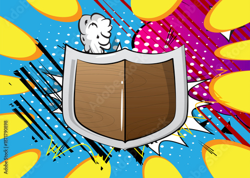 Cartoon Shield, comic book metal. Retro vector comics pop art design.