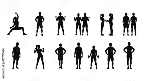 Silhouettes of people in various active poses and stances depicted in black