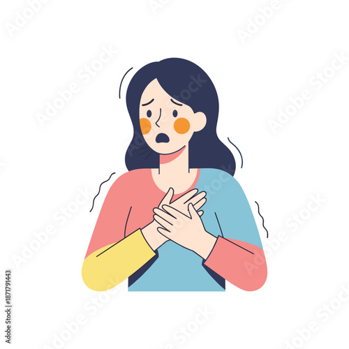 Young woman feeling anxious while holding her chest in illustration