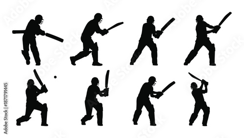 Silhouettes of cricketers in various batting poses demonstrating the sport s action