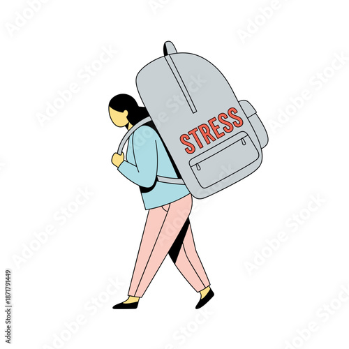 Woman walking with a stress-filled backpack on her shoulders