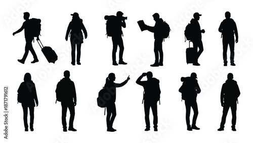 Silhouettes of people in various poses walking and interacting outdoors