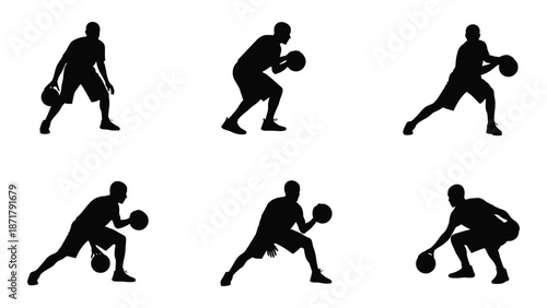 Silhouette sequence of a basketball player dribbling and in various action poses