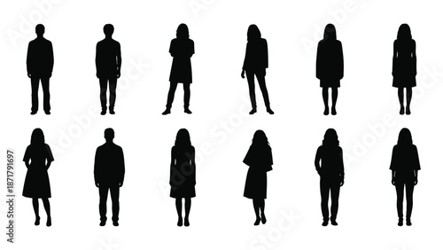 Silhouettes of diverse people standing in a grid formation facing forward