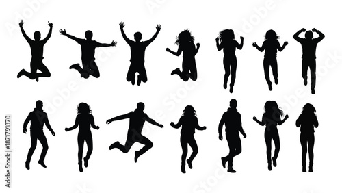 Silhouettes of jumping and dancing people in various energetic poses