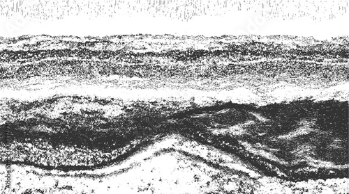 Abstract monochrome cross-section revealing folded geological strata with rough granular textures and dynamic wavy patterns, suggesting subterranean movement