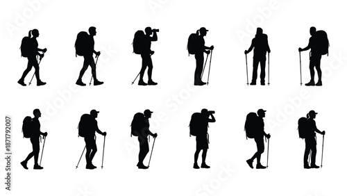 Silhouettes of hikers in various poses walking with backpacks and trekking poles