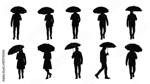 Silhouettes of people walking with umbrellas in various poses and arrangements