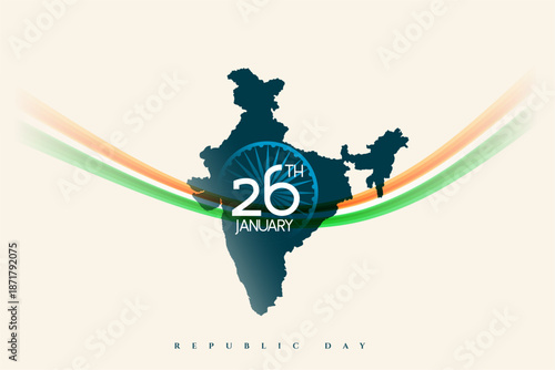 happy republic day celebration template indian map outline and wavy tricolor