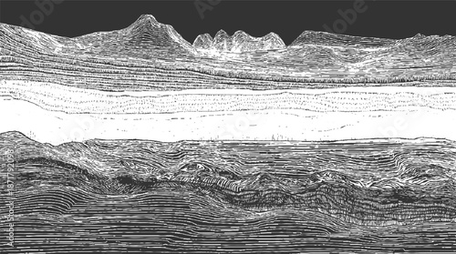 Stylized monochrome landscape with layered geological formations resembling mountains and valleys, rendered with linear hatching and granular textures for depth