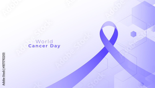 world cancer day medical background with purple ribbon and hexagonal shapes
