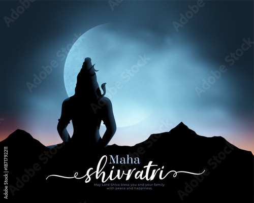 silhouette of lord shiva against full moon and mountain range for maha shivratri celebration