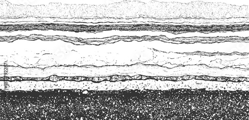 Monochrome abstract background with prominent horizontal layering of organic shapes and granular textures, creating a visually rich and detailed surface with a sense of depth
