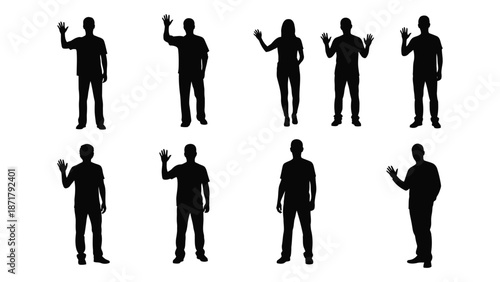 Silhouettes of people with arms raised in various gestures against a white background