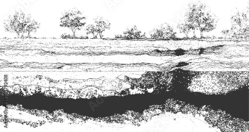 Detailed cross-section of soil layers and root systems with trees and foliage above ground in a monochromatic artistic style
