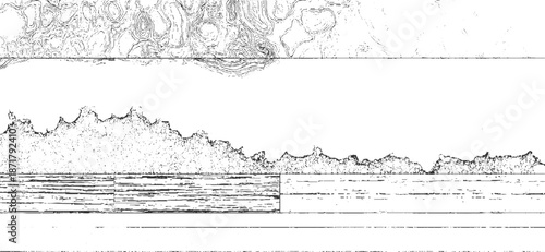 Abstract cross-section of layered geological strata and organic textures with detailed contour lines and granular patterns