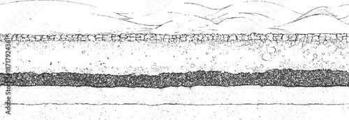 Layered geological strata with a stone wall and rolling hills above, showing granular textures and cracked earth below