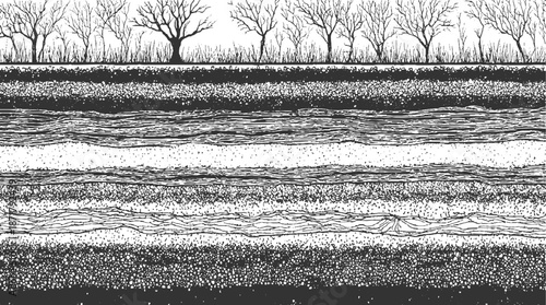 Artistic cross-section of soil layers with bare trees and grass on the surface, presented in a monochromatic illustrative style