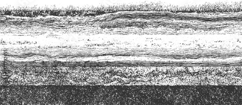 Detailed cross-section of layered geological strata with fine lines and granular textures representing earth and rock formations