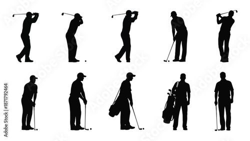 Silhouette series depicting the stages of a golf swing and golfer poses
