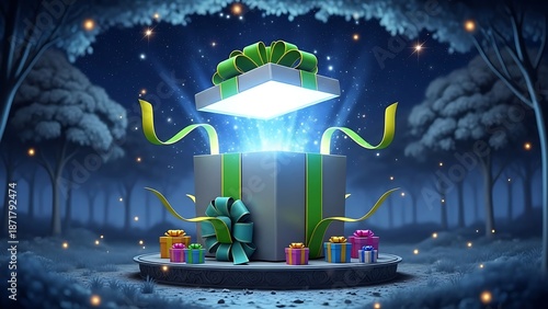 A magical gift box opens with a glowing light in an enchanted, star-lit forest, surrounded by smaller presents. Captures surprise, wonder, and festive magic.