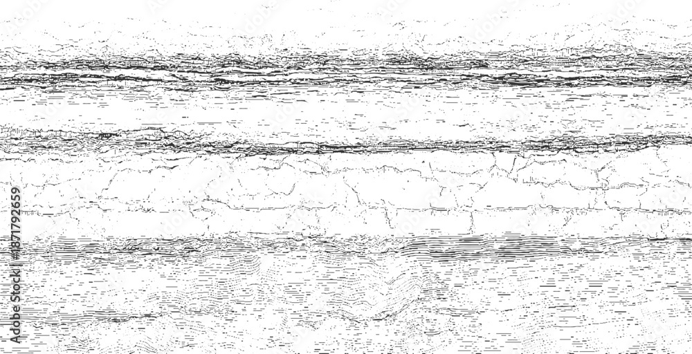 Obraz premium Abstract black and white showcasing horizontal layers of distressed textures and fine lines, reminiscent of cracked surfaces, geological cross-sections, or distressed paper backgrounds