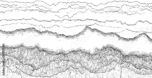Complex abstract black and white texture with layered, wavy lines and granular resembling geological strata, seismic data, or intricate organic patterns with a sense of depth