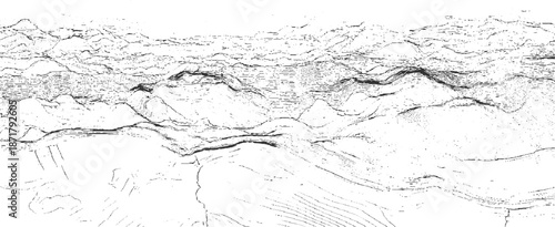 Abstract black and white depicting undulating, layered forms with fine line work and granular detail, suggesting topographic maps, sound waves, or organic structures