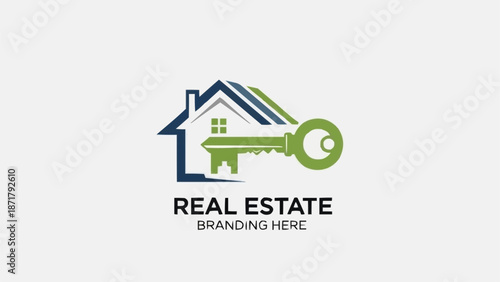 Real Estate Logo with House and Key Icon.