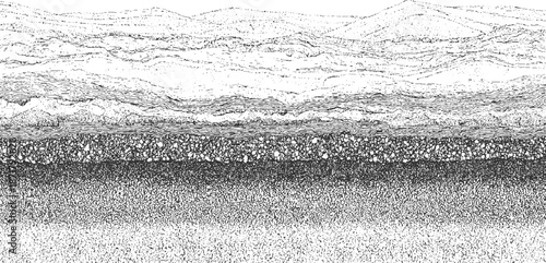 Stylized geological cross-section showcasing distinct soil strata and mountainous terrain in the background, rendered in a monochromatic illustrative style