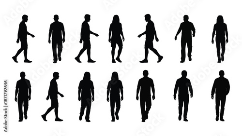 Silhouette collection of people walking in various poses and orientations