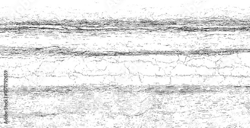 Abstract black and white showcasing horizontal layers of distressed textures and fine lines, reminiscent of cracked surfaces, geological cross-sections, or distressed paper backgrounds