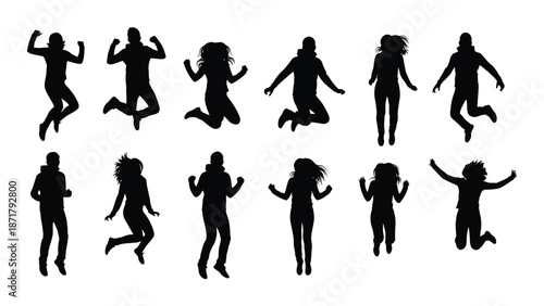 Diverse group of people in jumping poses shown as black silhouettes