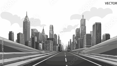 Modern Cityscape Skyline with Road Leading to Skyscrapers.