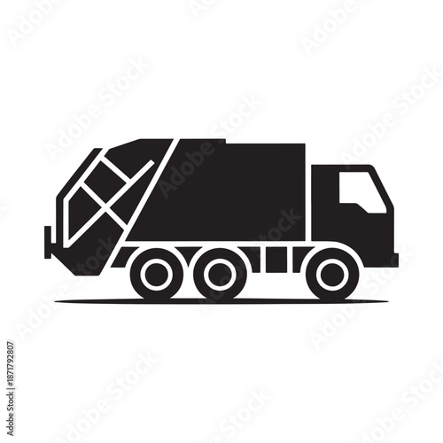 Simple black silhouette illustration of a garbage truck with a visible compactor